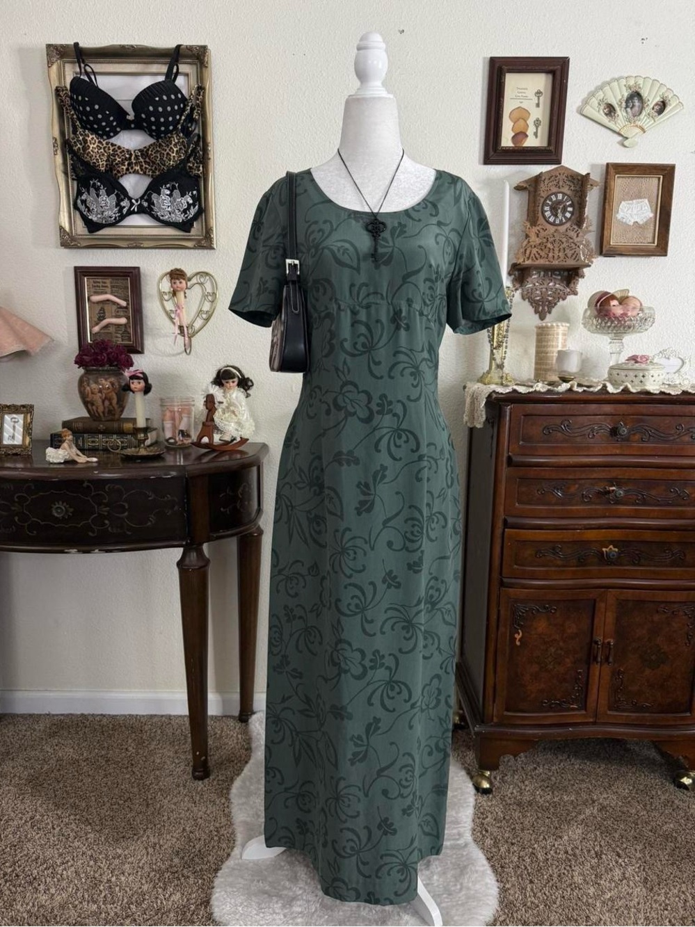 90’s whimsical fairy grunge boho green floral silk maxi dress